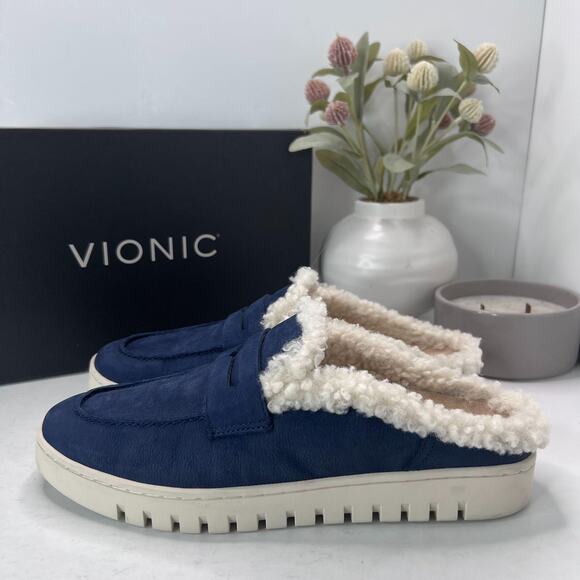 Vionic Uptown Mule Faux Shearling Lined Slip On Shoes Peacoat Blue Womens 9M - Picture 1 of 10